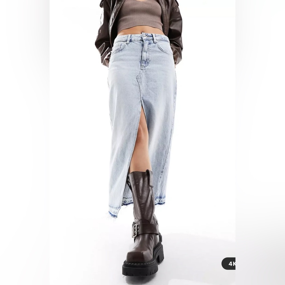 PULL&BEAR DENIM MIDI SKIRT WITH SPLIT FRONT IN BLEACHED WASH